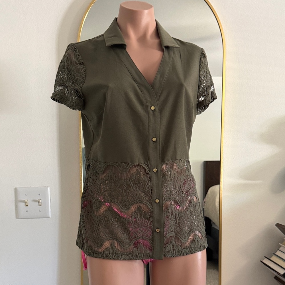 BEBE Olive Lace Button-Up Women Top